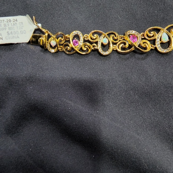 Necklace and bracelet 18k yg on SS with opal and pink sapphires 17" & 7 25" - Picture 3 of 8